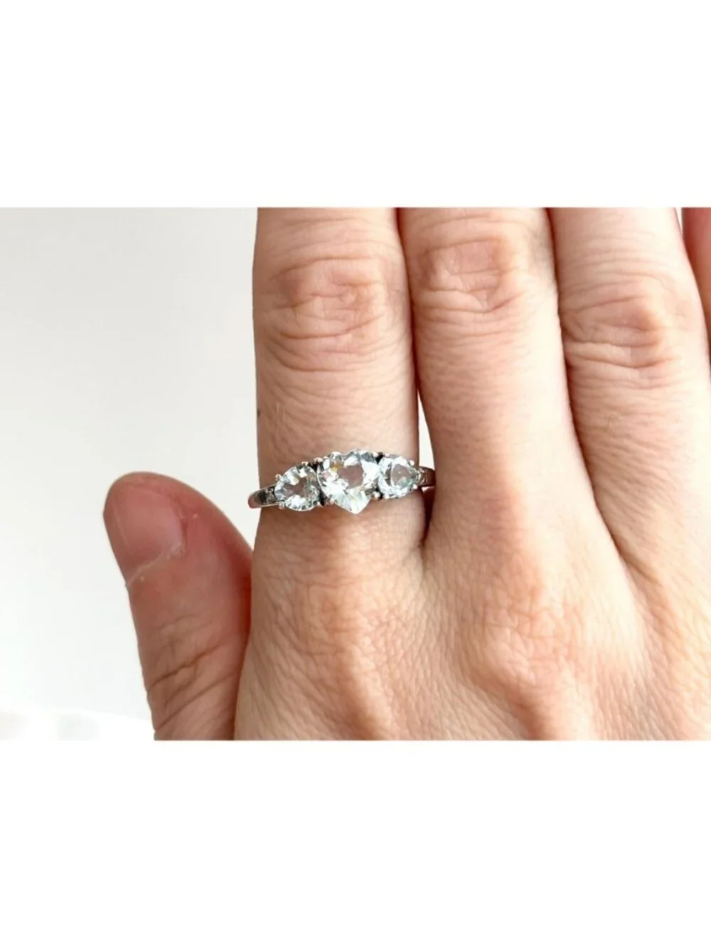 Blue Aquamarine Triple Heart Cut Sterling Silver 925 Vintage Ring - sz 9
